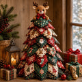 DIY Quilted Christmas Tree Kit Handmade Fabric Tabletop Holiday Decor, Patchwork Craft with Character Topper for Mantel Shelf