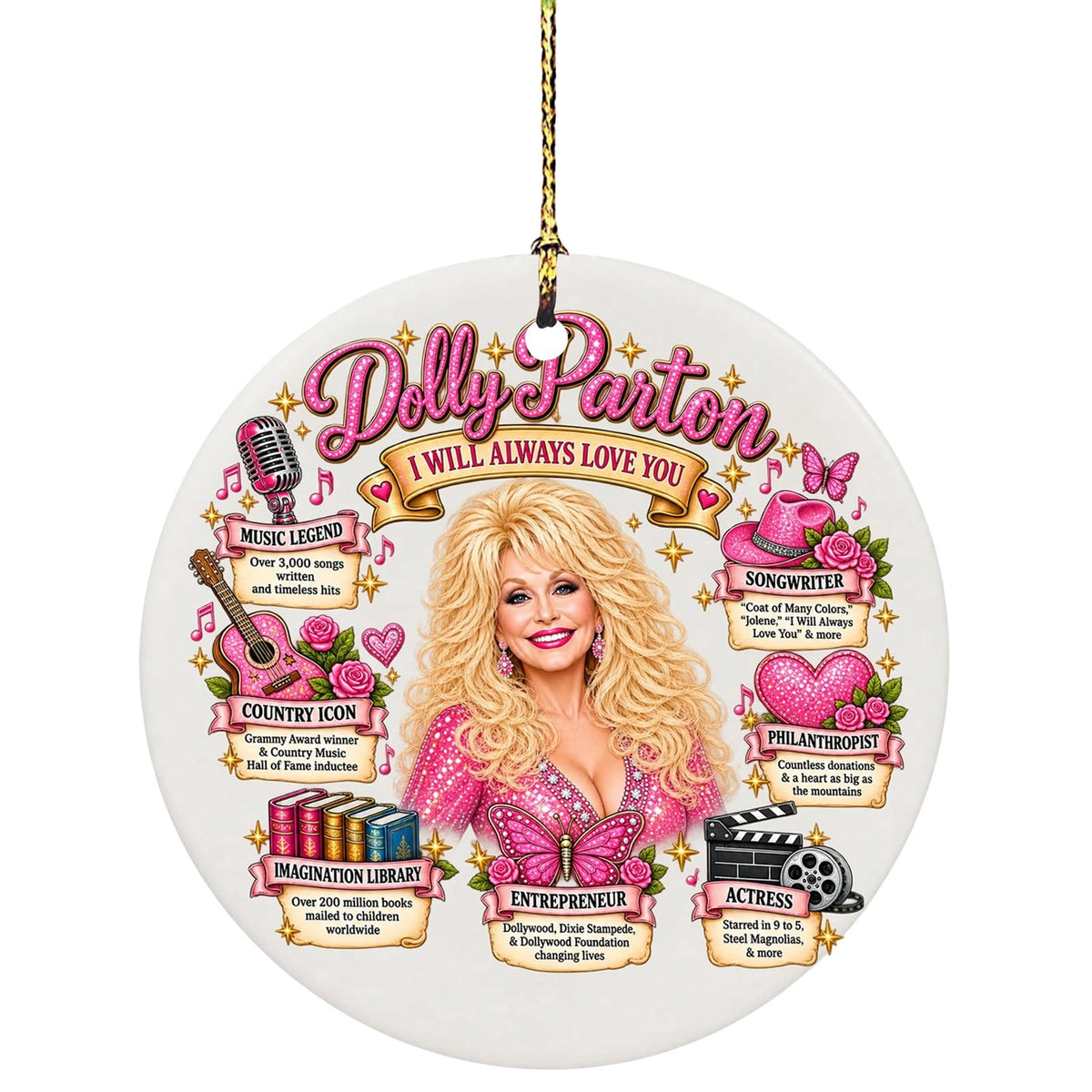 Dolly Memorial Acrylic Christmas Ornament Themed Christmas Ornament for Tree Car Office Home Dolly Themed Xmas Hanging Decor Country Music Holiday Decoration Gift