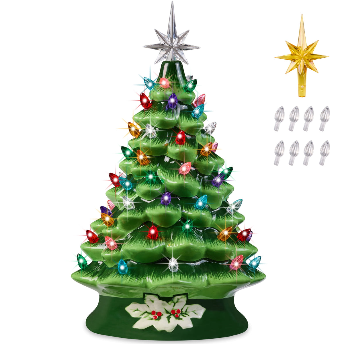 Best Choice Products Ceramic Christmas Tree, Pre-lit Hand-Painted Tabletop Holiday Tree - Green w/ Multicolored Lights