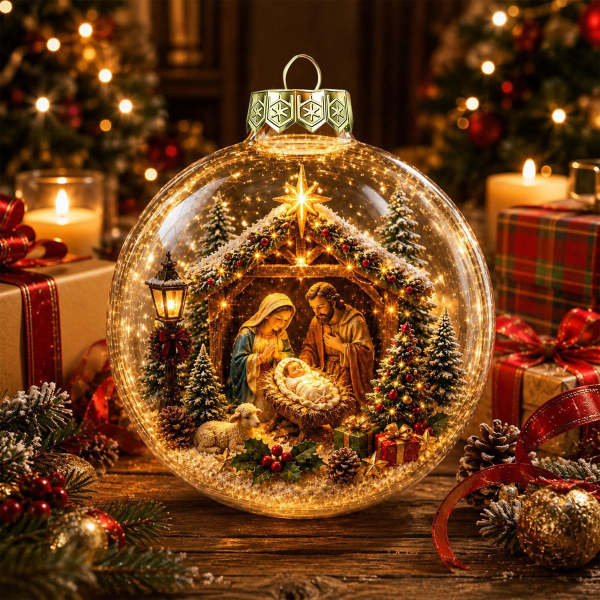Glowing Christmas Story Ornament, Light-Up Mini Holiday Scene, Festive Keepsake for Christmas Tree, Mantel & Christmas Party Decor (Nativity)