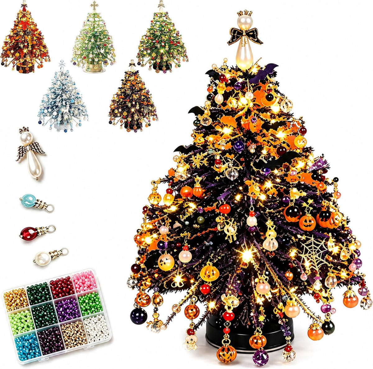 HaCpiu DIY Christmas Tree Mini Beaded Kits Set, 3D Wire Tabletop Seasonal Tree Beaded Kits Decor for Desk Mantel Shelf, Creative Christmas Holiday Craft Kit for Adults