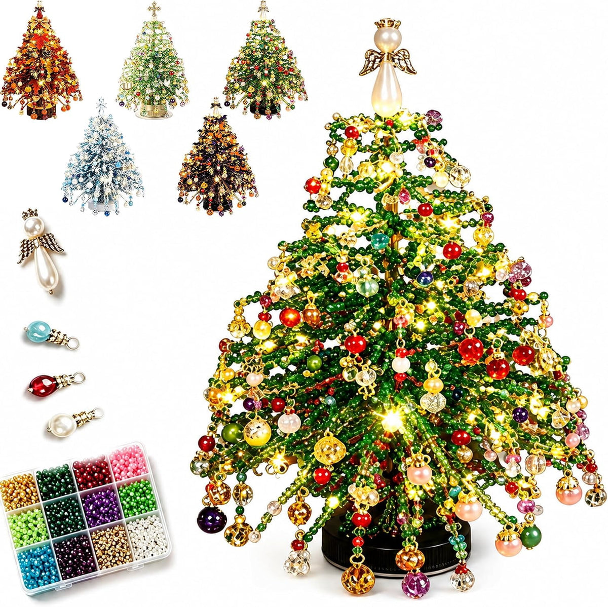 HaCpiu DIY Christmas Tree Mini Beaded Kits Set, 3D Wire Tabletop Seasonal Tree Beaded Kits Decor for Desk Mantel Shelf, Creative Christmas Holiday Craft Kit for Adults