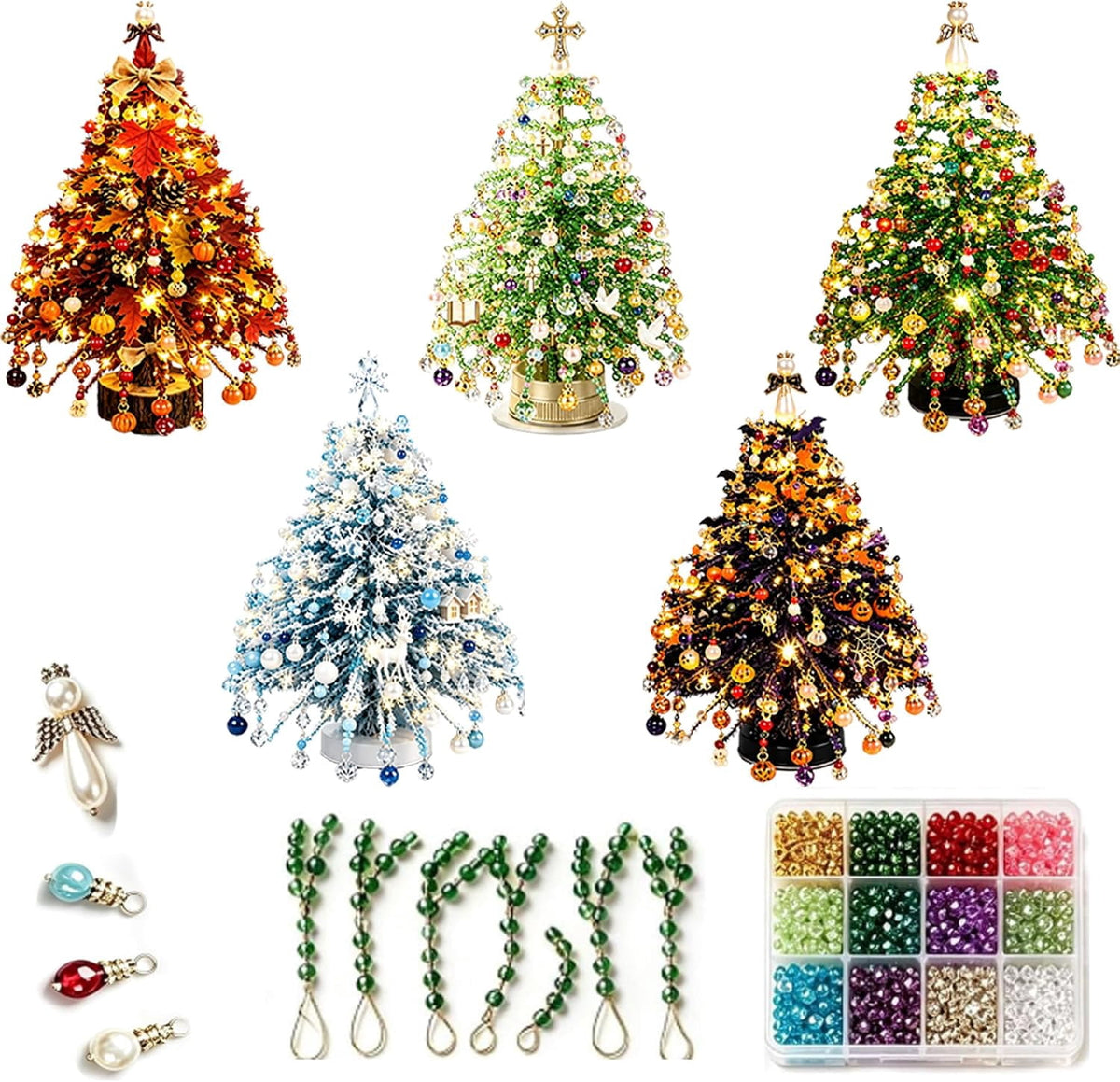 HaCpiu DIY Christmas Tree Mini Beaded Kits Set, 3D Wire Tabletop Seasonal Tree Beaded Kits Decor for Desk Mantel Shelf, Creative Christmas Holiday Craft Kit for Adults