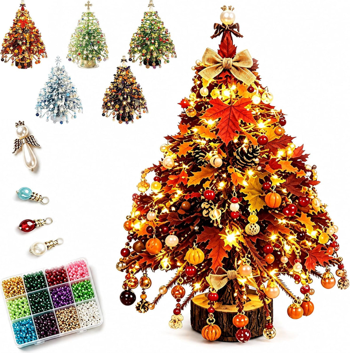 HaCpiu DIY Christmas Tree Mini Beaded Kits Set, 3D Wire Tabletop Seasonal Tree Beaded Kits Decor for Desk Mantel Shelf, Creative Christmas Holiday Craft Kit for Adults