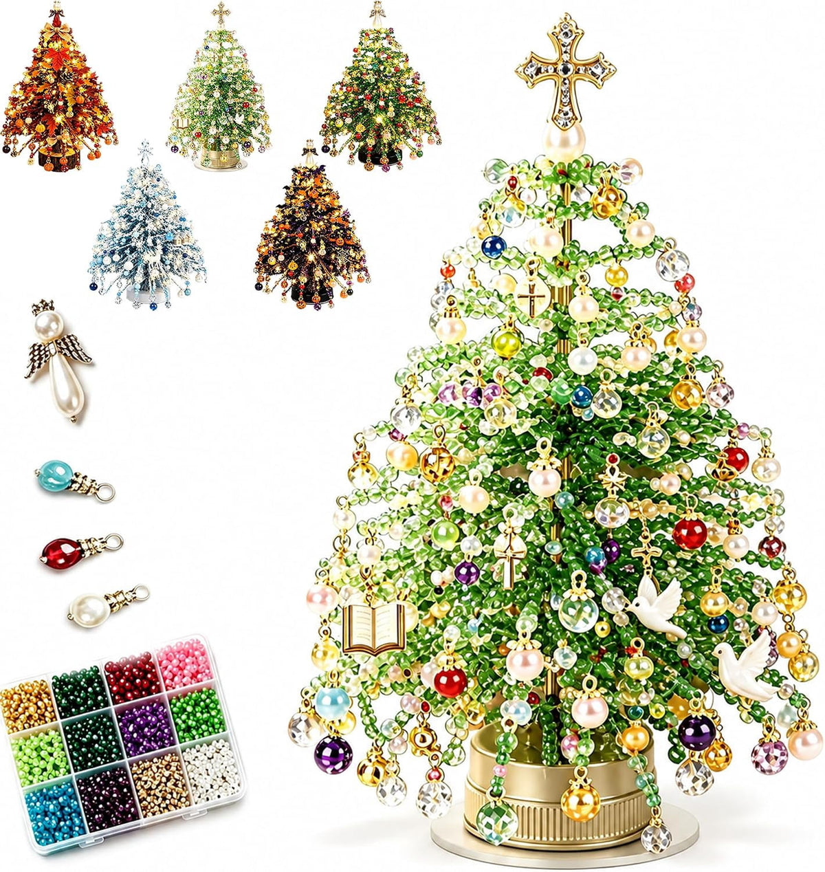 HaCpiu DIY Christmas Tree Mini Beaded Kits Set, 3D Wire Tabletop Seasonal Tree Beaded Kits Decor for Desk Mantel Shelf, Creative Christmas Holiday Craft Kit for Adults