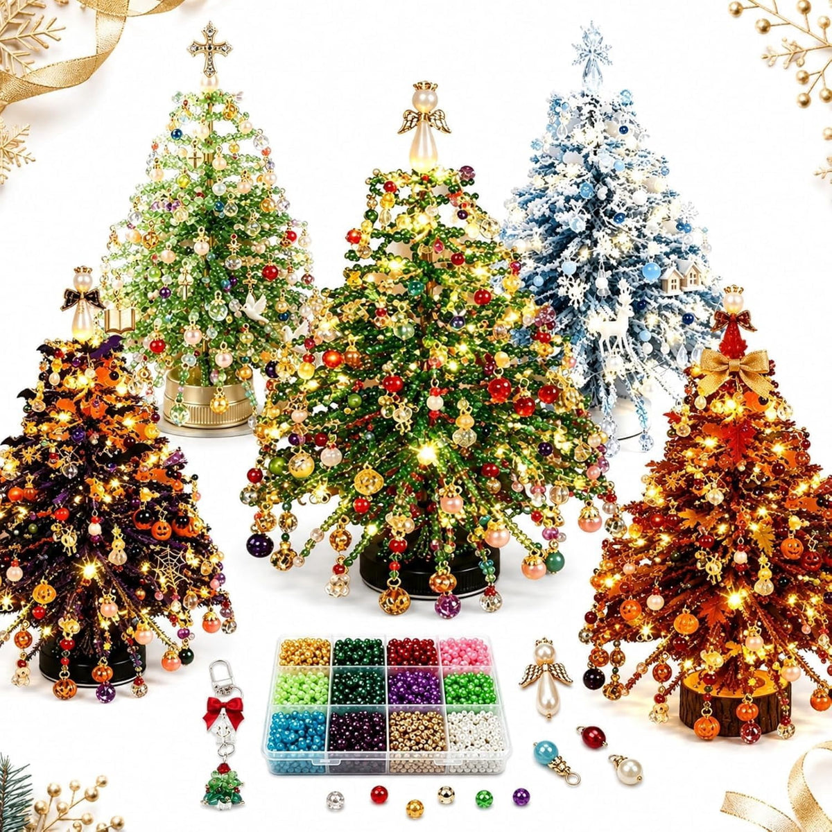 2026 New DIY Beaded Christmas Tree Kit, 3D Crystal Bead and Pearl Craft Set for Adults with Metal Frame, Sparkling Tabletop Christmas Decor, Holiday Gift
