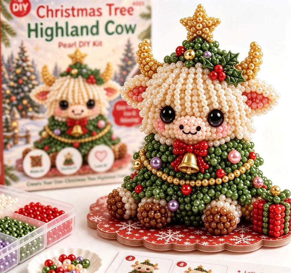 MYUNNIL Christmas Highland Cow 3D Pearl Bead Kit, Small Cute Beginner Friendly Complete Animal Themed Handcraft Set, Fun Whimsical Decorative Ornament for Home Decor & Holiday Gift, ( Xmas Tree )