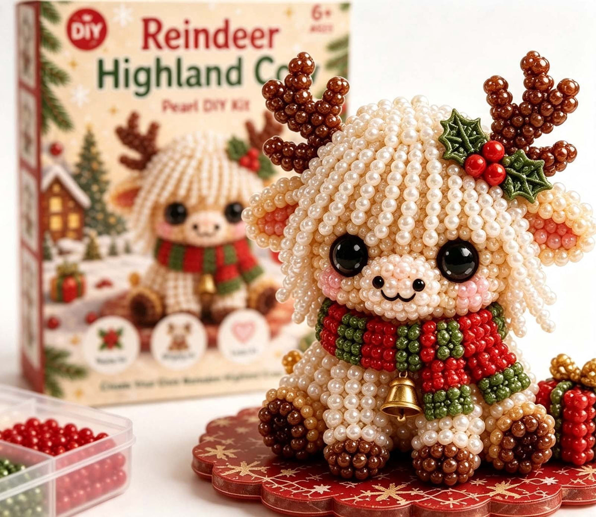 MYUNNIL Christmas Highland Cow 3D Pearl Bead Kit, Small Cute Beginner Friendly Complete Animal Themed Handcraft Set, Fun Whimsical Decorative Ornament for Home Decor & Holiday Gift, ( Xmas Tree )