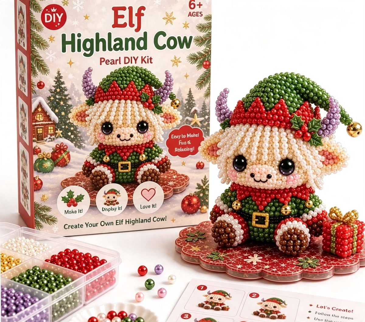 MYUNNIL Christmas Highland Cow 3D Pearl Bead Kit, Small Cute Beginner Friendly Complete Animal Themed Handcraft Set, Fun Whimsical Decorative Ornament for Home Decor & Holiday Gift, ( Xmas Tree )