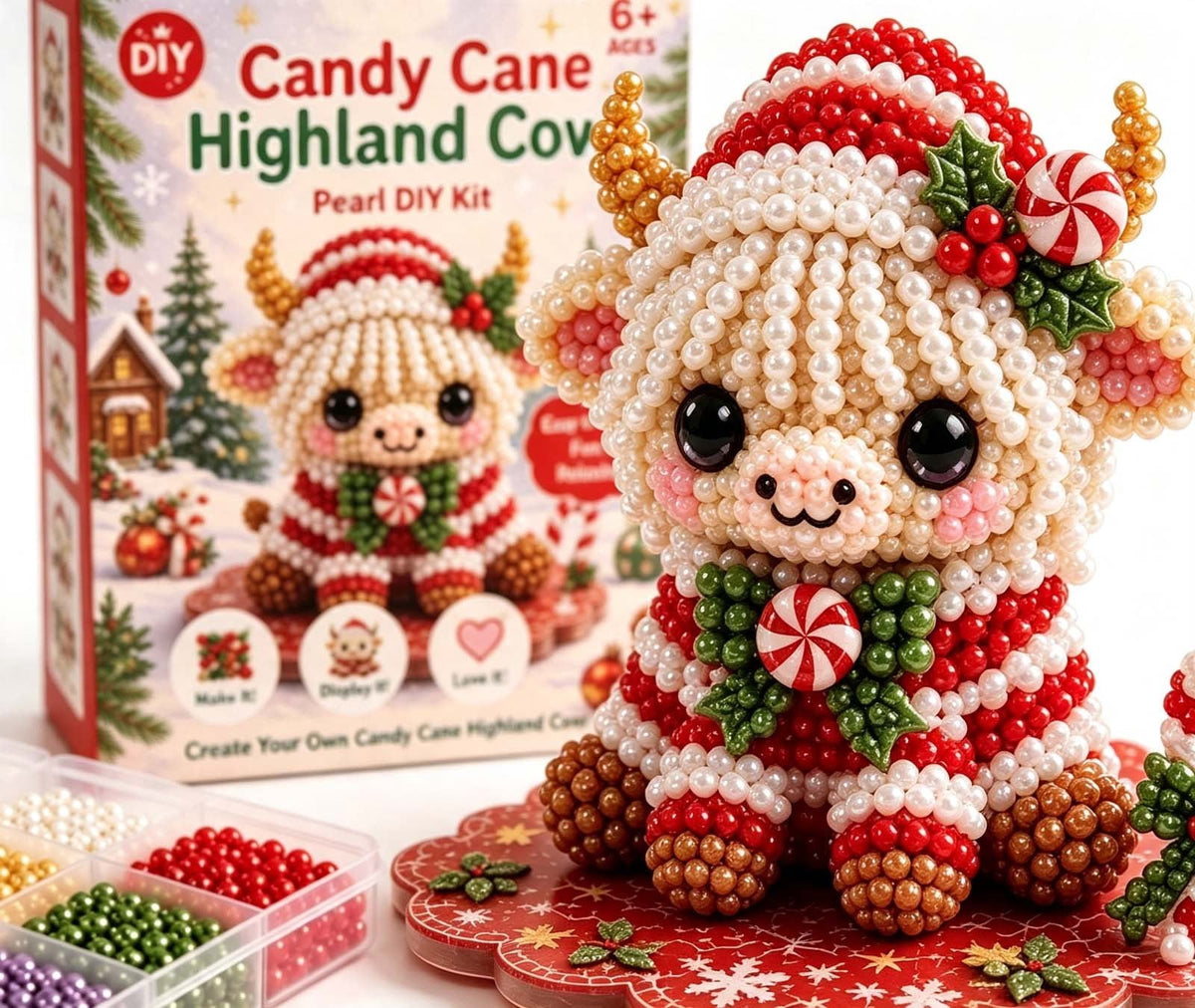 MYUNNIL Christmas Highland Cow 3D Pearl Bead Kit, Small Cute Beginner Friendly Complete Animal Themed Handcraft Set, Fun Whimsical Decorative Ornament for Home Decor & Holiday Gift, ( Xmas Tree )