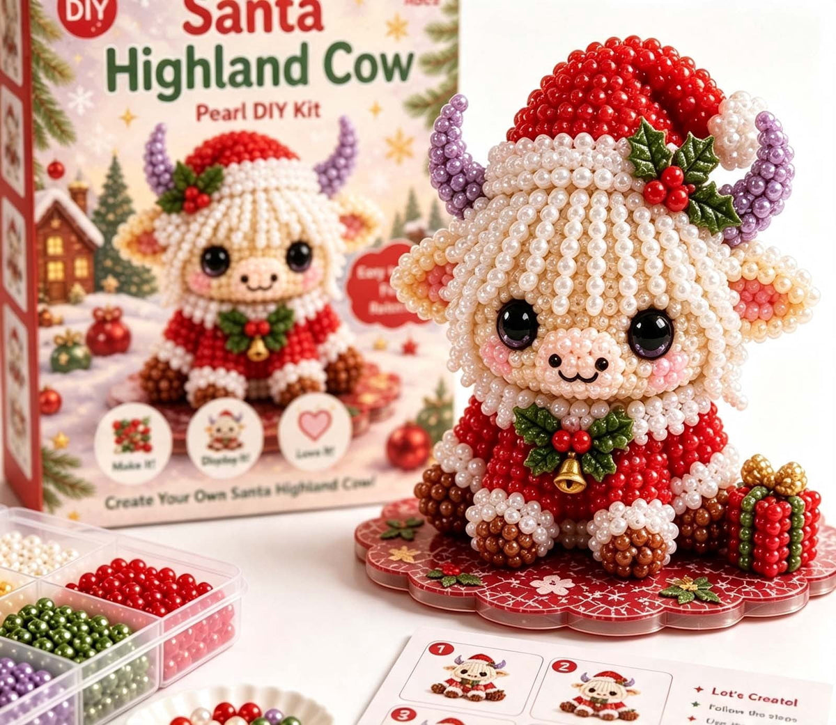 MYUNNIL Christmas Highland Cow 3D Pearl Bead Kit, Small Cute Beginner Friendly Complete Animal Themed Handcraft Set, Fun Whimsical Decorative Ornament for Home Decor & Holiday Gift, ( Xmas Tree )