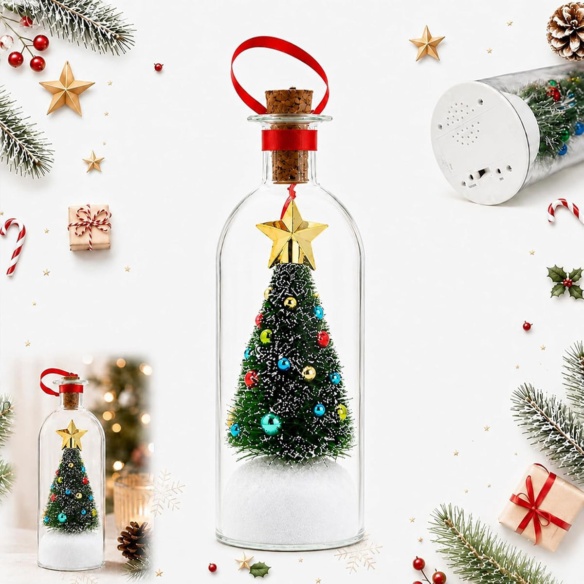 JASKFLY Recordable Christmas Tree Message in a Bottle, Voice Recording Holiday Keepsake with Playback, Snowy Scene, Glass, Green, 1 Count