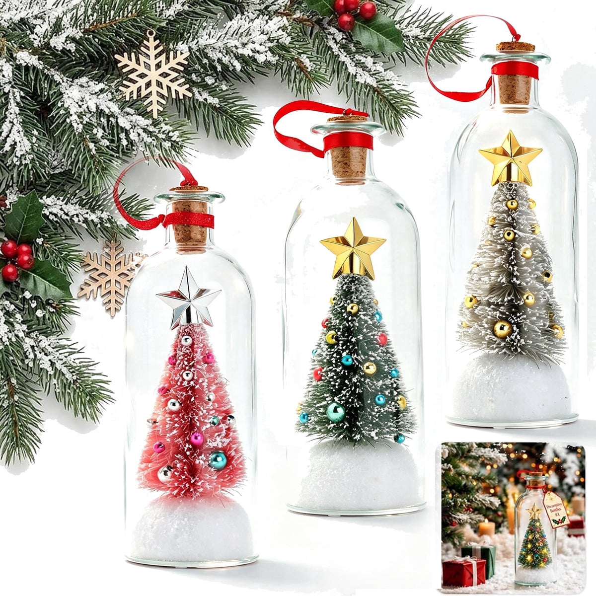 JASKFLY Recordable Christmas Tree Message in a Bottle, Voice Recording Holiday Keepsake with Playback, Snowy Scene, Glass, Green, 1 Count