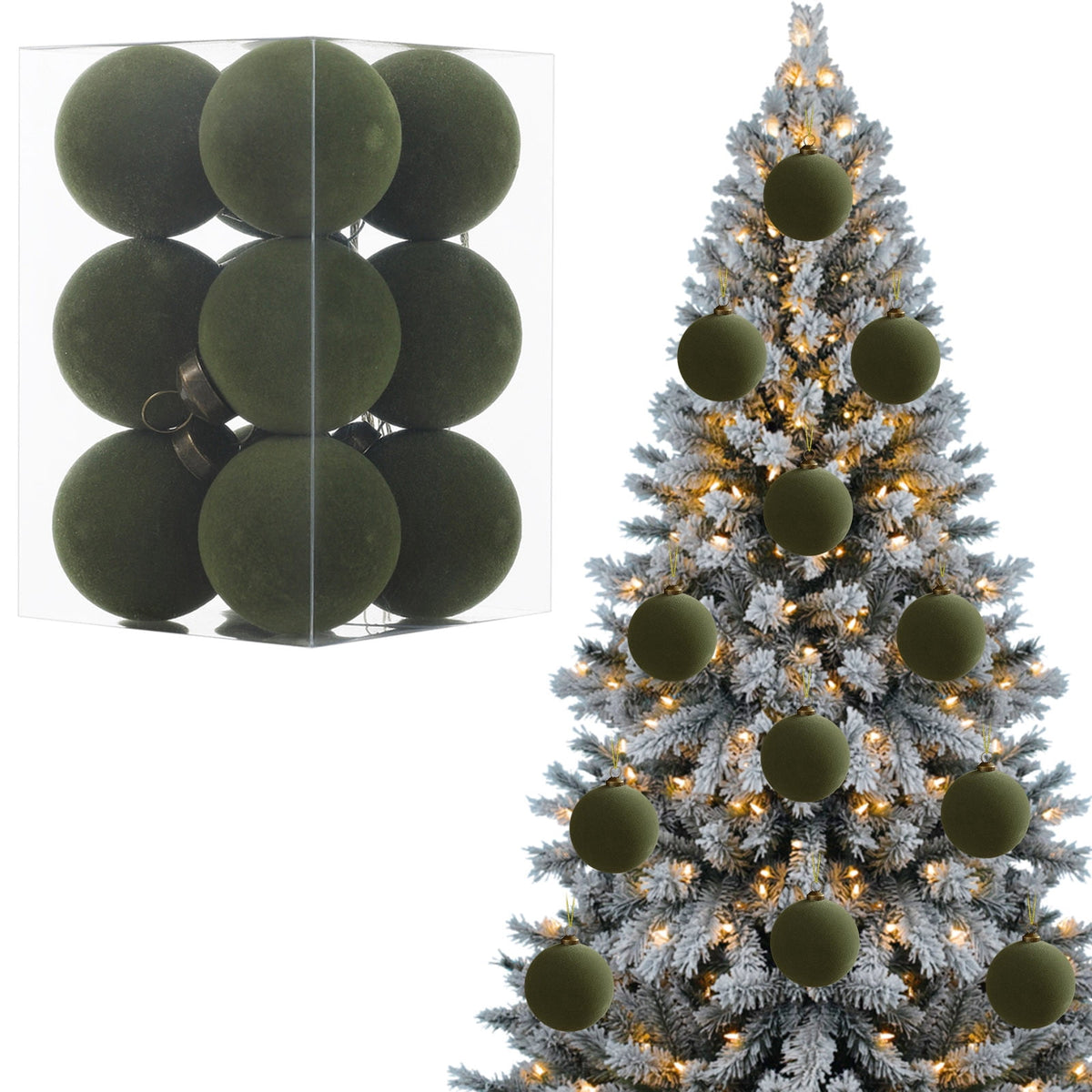 Roiihwy Green 12 Pcs Velvet Christmas Balls 1.57in Flocked Plastic Ornaments Xmas Decorative Hanging for Tree Holiday Decor