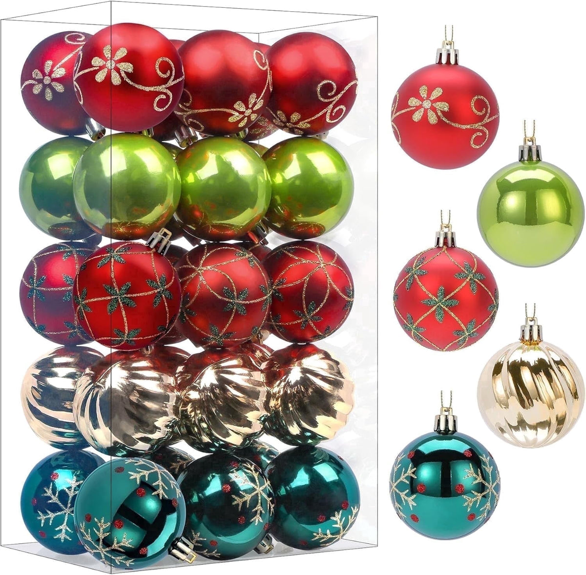 30ct Christmas Ball Ornaments, 2.36 in Shatterproof Xmas Tree Decorations, Plastic Baubles for Holiday, Party, Wedding, or Home Decor, Red & Gold
