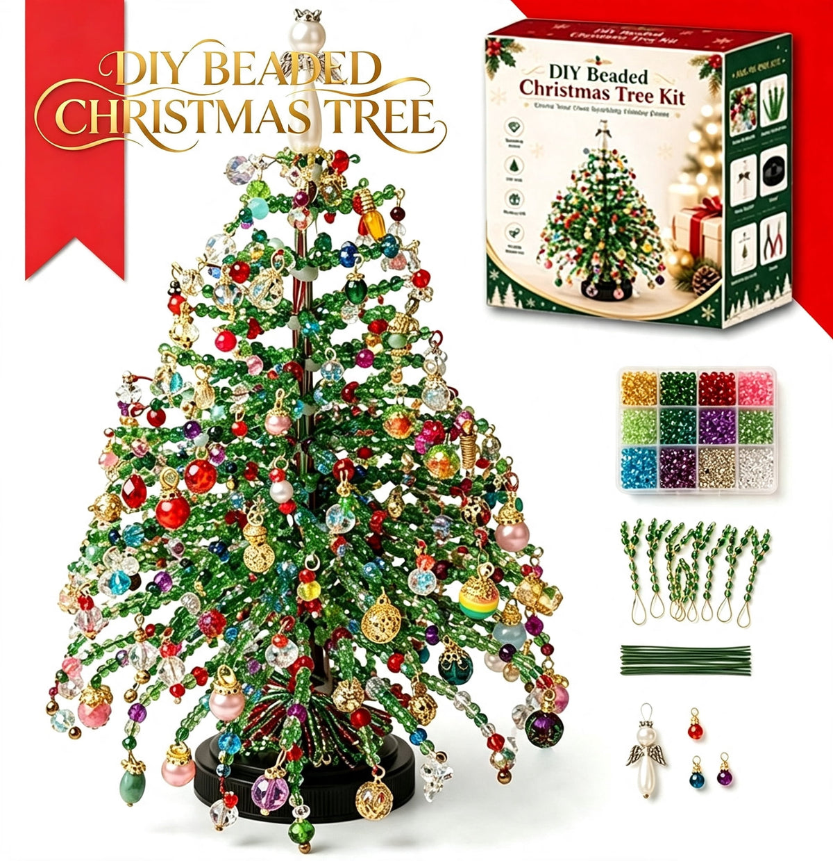 UALSRZL DIY Beaded Christmas Tree Kit, Christmas Decorations Handmade Beads Craft Set, Sparkling Crystal Xmas Ornaments for Table Decor Holiday Gifts