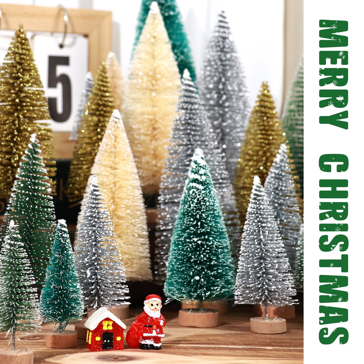 Ayieyill 30PCS Artificial Mini Christmas Trees, Upgrade Sisal Pine Trees with Wood Base Bottle Brush Trees for Christmas Table Top Decor(Green, Gold and Ivory)