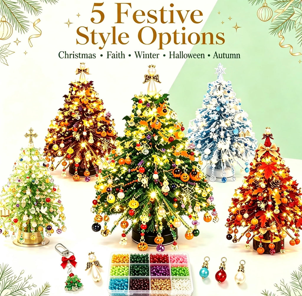 Clearance DIY Beaded Christmas Tree Kit, Crystal Holiday Craft Set for Adults, Colorful Beads, Ornament Charms, Metal Frame, Warm Glow Display, Tabletop Decor, Christmas Gift (Classic)