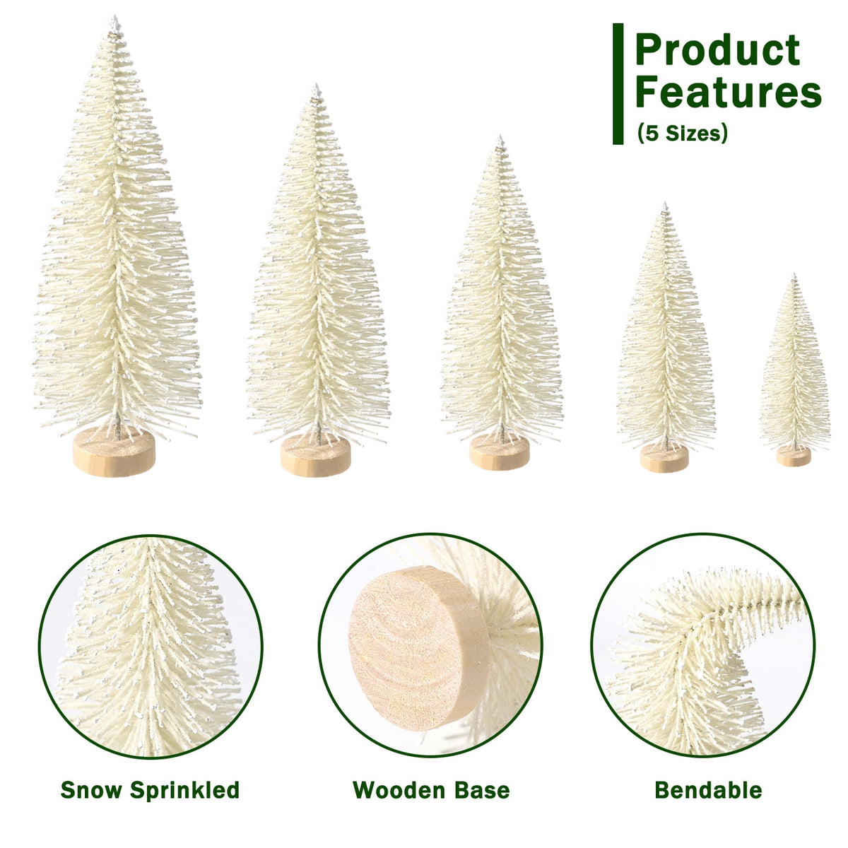 Ayieyill 30PCS Artificial Mini Christmas Trees, Upgrade Sisal Pine Trees with Wood Base Bottle Brush Trees for Christmas Table Top Decor(Green, Gold and Ivory)