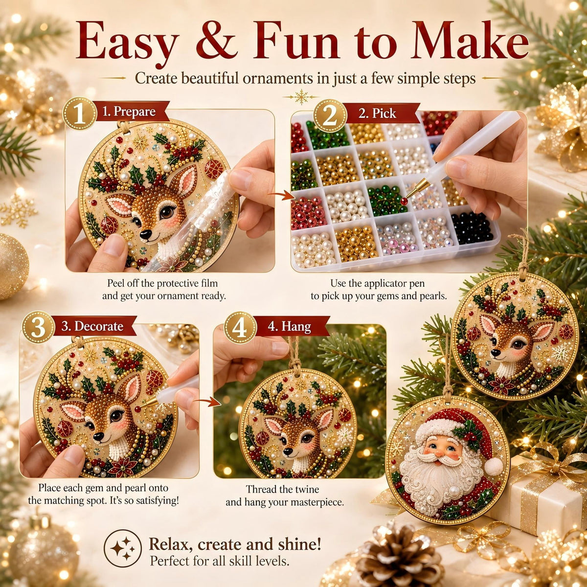 Clearance! 6Pcs Wooden Christmas Ornaments DIY Pearl Art Kits for Adults, Hanging Diamond Art Christmas Ornaments Set with Pearls, Special-Shaped Gems & Jute Twine, Christmas Decor Craft(#1)