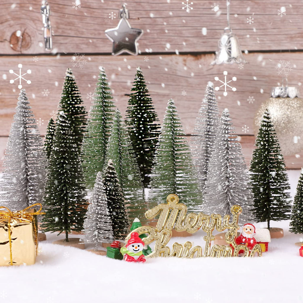 Ayieyill 30PCS Artificial Mini Christmas Trees, Upgrade Sisal Pine Trees with Wood Base Bottle Brush Trees for Christmas Table Top Decor(Green, Gold and Ivory)