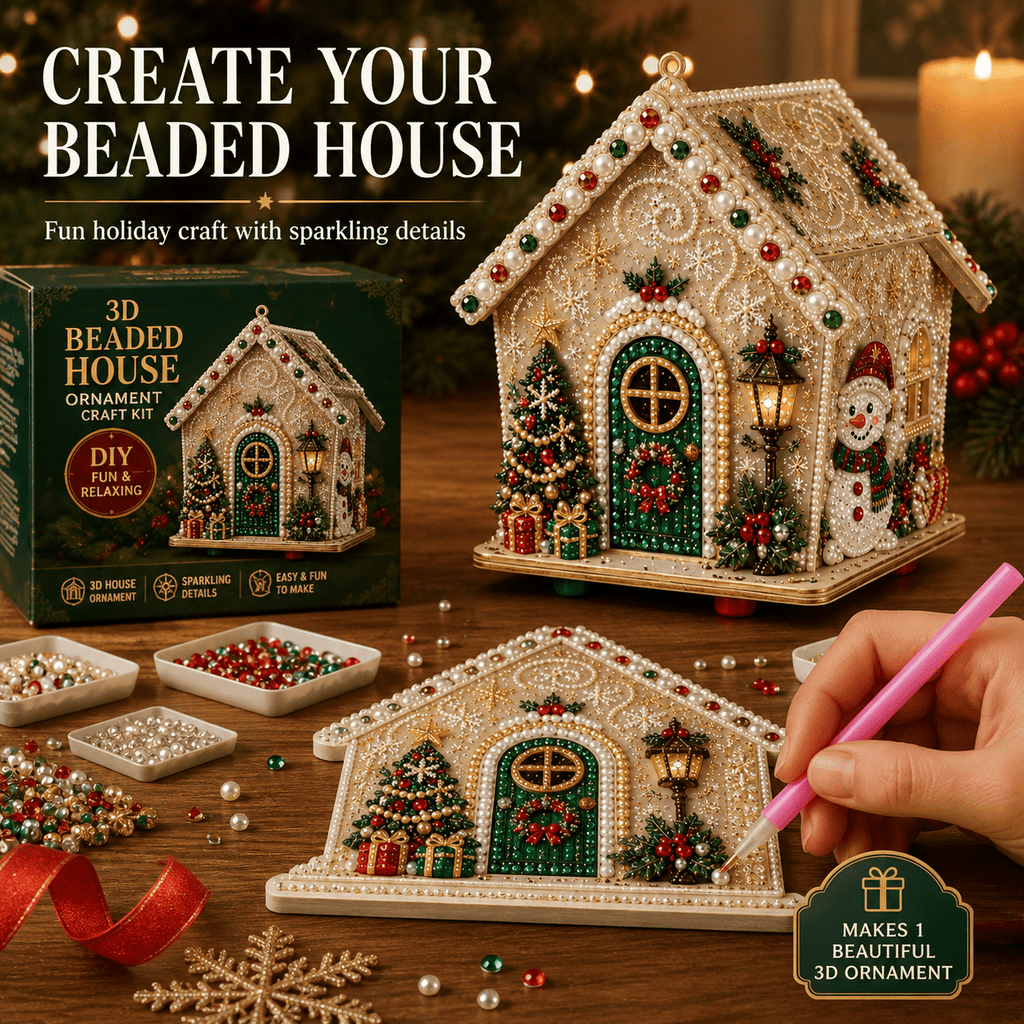 Christmas Pearl Bead Art Kit 3D House Ornament Craft Set For Christmas Tree Tabletop Mantel Shelf And Indoor Winter Holiday Decoration White