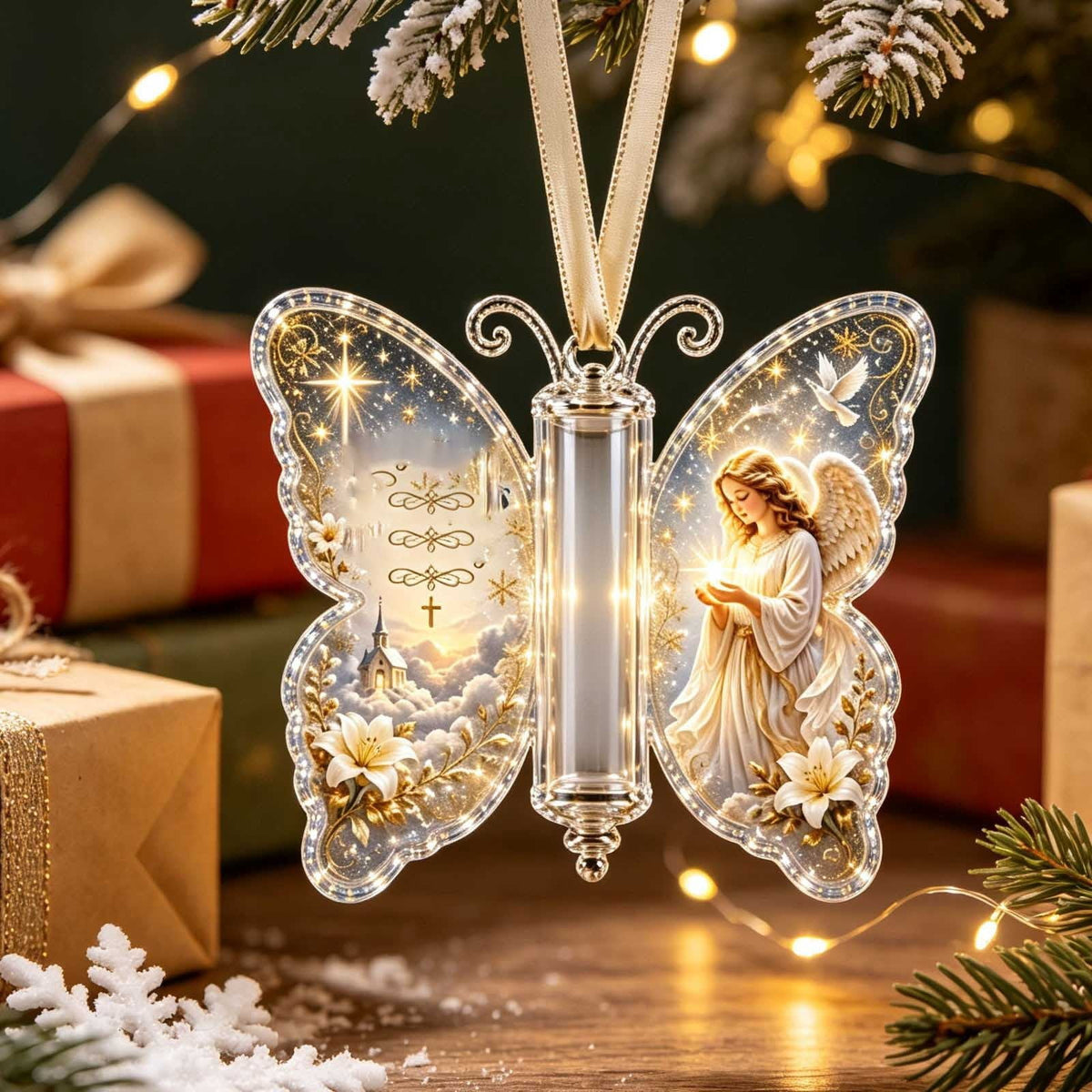 Butterfly Christmas Money Gift Ornament, Angel‑Pattern Acrylic Cash Holder with Clear Compartment, Hanging Xmas Cash Wallet Decor for Christmas Tree, Window, Car, Creative Holiday Present