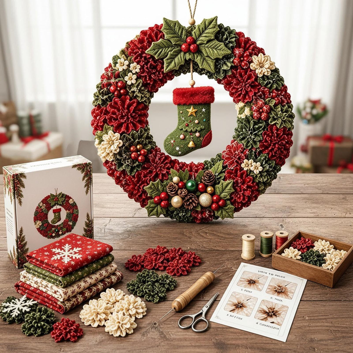 Clearance 3D Christmas Wreath Fabric Poke Art Kit, Jesus Poke Art Kits for Adults, Christmas Wreaths Ornament Making Kit for Front Door
