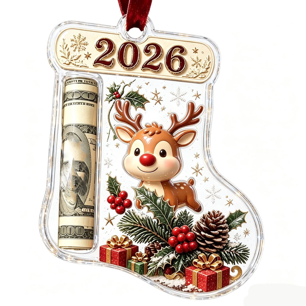 Christmas Cash Gift Stocking Shaped Ornament, Crystal-Clear Cash Holder Ornament with Xmas Stocking Design, Hanging Money Keepsake for Christmas Tree Wreath Garland, Surprise for Family Friends (F)