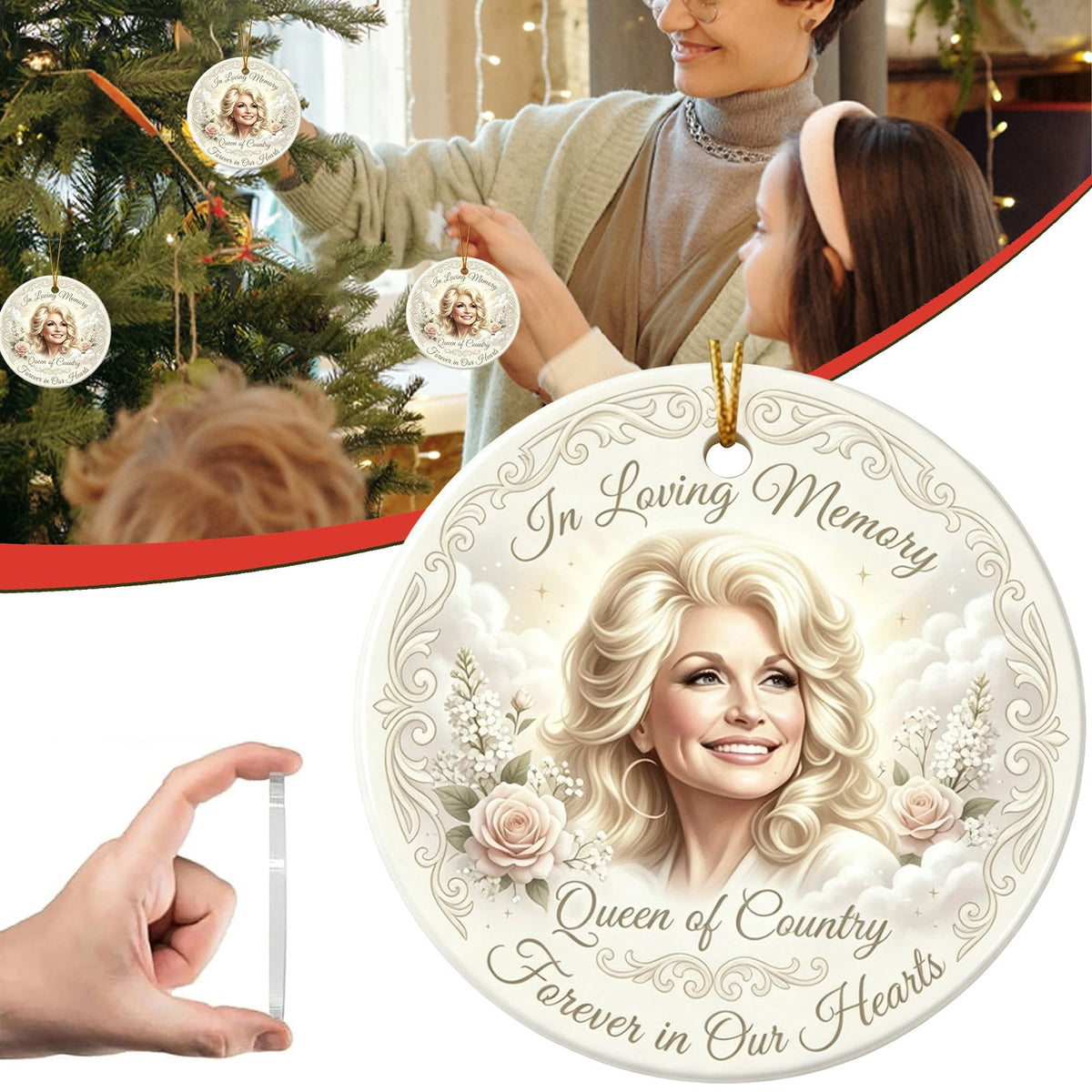 Dolly Memorial Acrylic Christmas Ornament Themed Christmas Ornament for Tree Car Office Home Dolly Themed Xmas Hanging Decor Country Music Holiday Decoration Gift