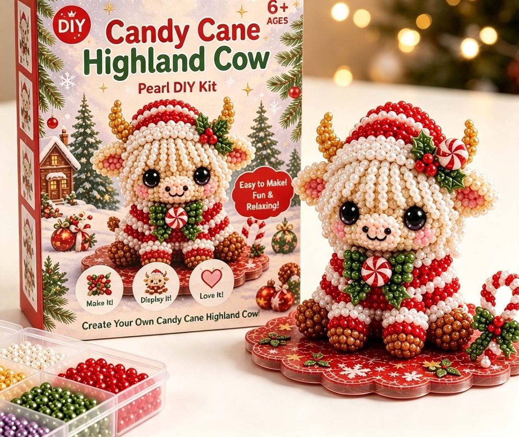 MYUNNIL Christmas Highland Cow 3D Pearl Bead Kit, Small Cute Beginner Friendly Complete Animal Themed Handcraft Set, Fun Whimsical Decorative Ornament for Home Decor & Holiday Gift, ( Xmas Tree )