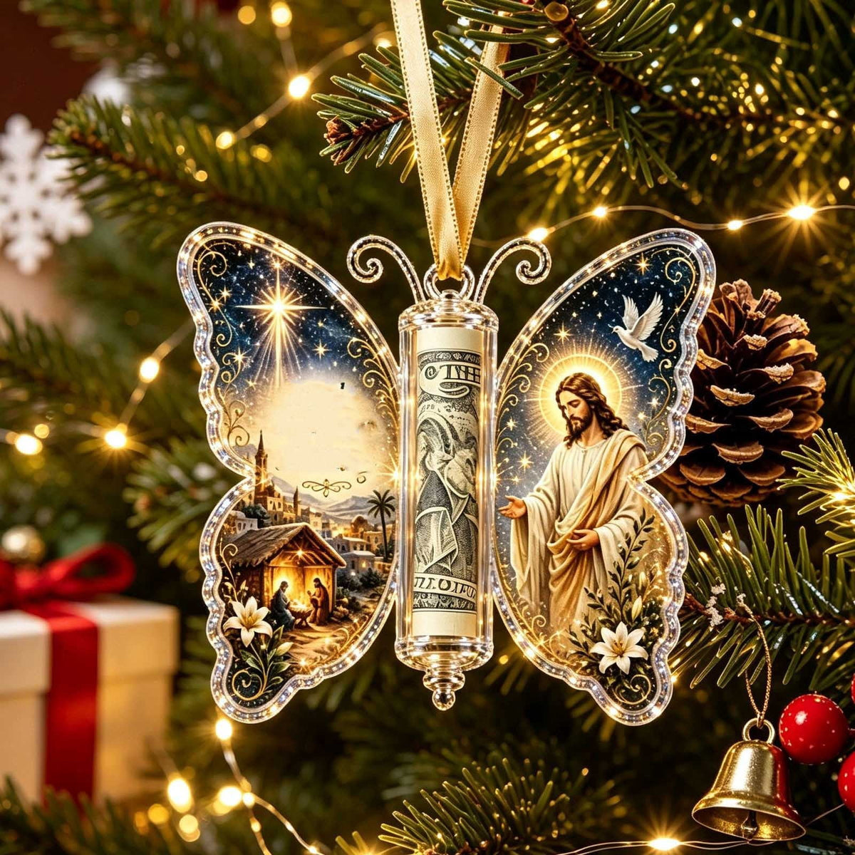 Christmas Cash Gift Stocking Shaped Ornament, Crystal-Clear Cash Holder Ornament with Xmas Stocking Design, Hanging Money Keepsake for Christmas Tree Wreath Garland, Surprise for Family Friends (F)