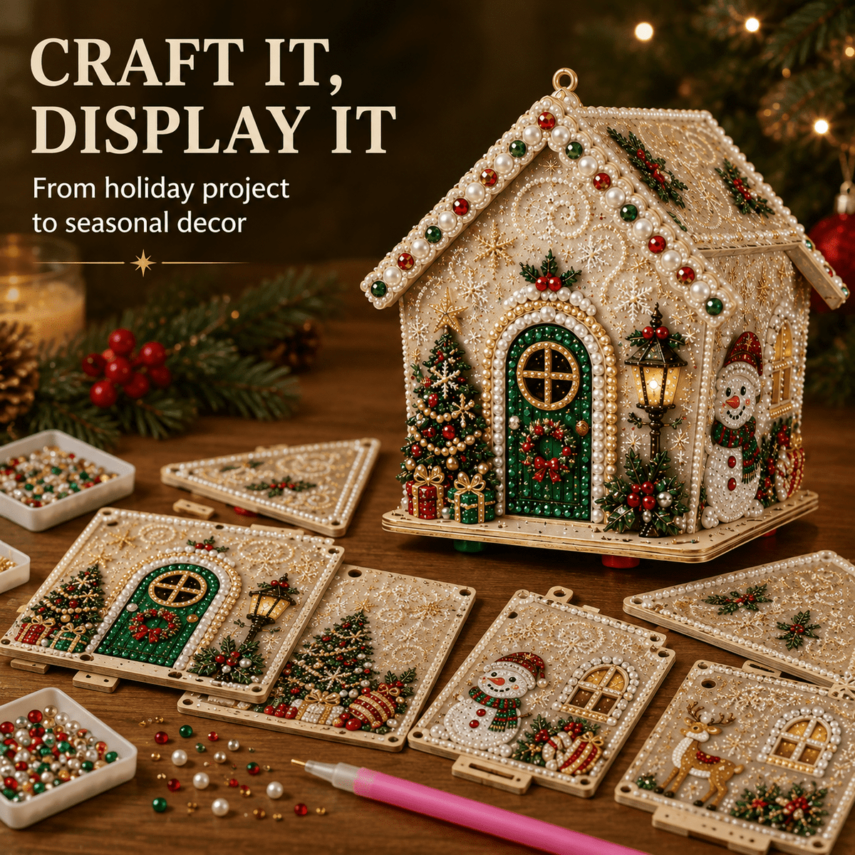 Christmas Pearl Bead Art Kit 3D House Ornament Craft Set For Christmas Tree Tabletop Mantel Shelf And Indoor Winter Holiday Decoration White