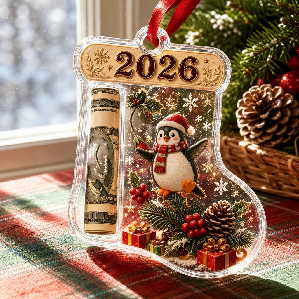 Christmas Cash Gift Stocking Shaped Ornament, Crystal-Clear Cash Holder Ornament with Xmas Stocking Design, Hanging Money Keepsake for Christmas Tree Wreath Garland, Surprise for Family Friends (F)