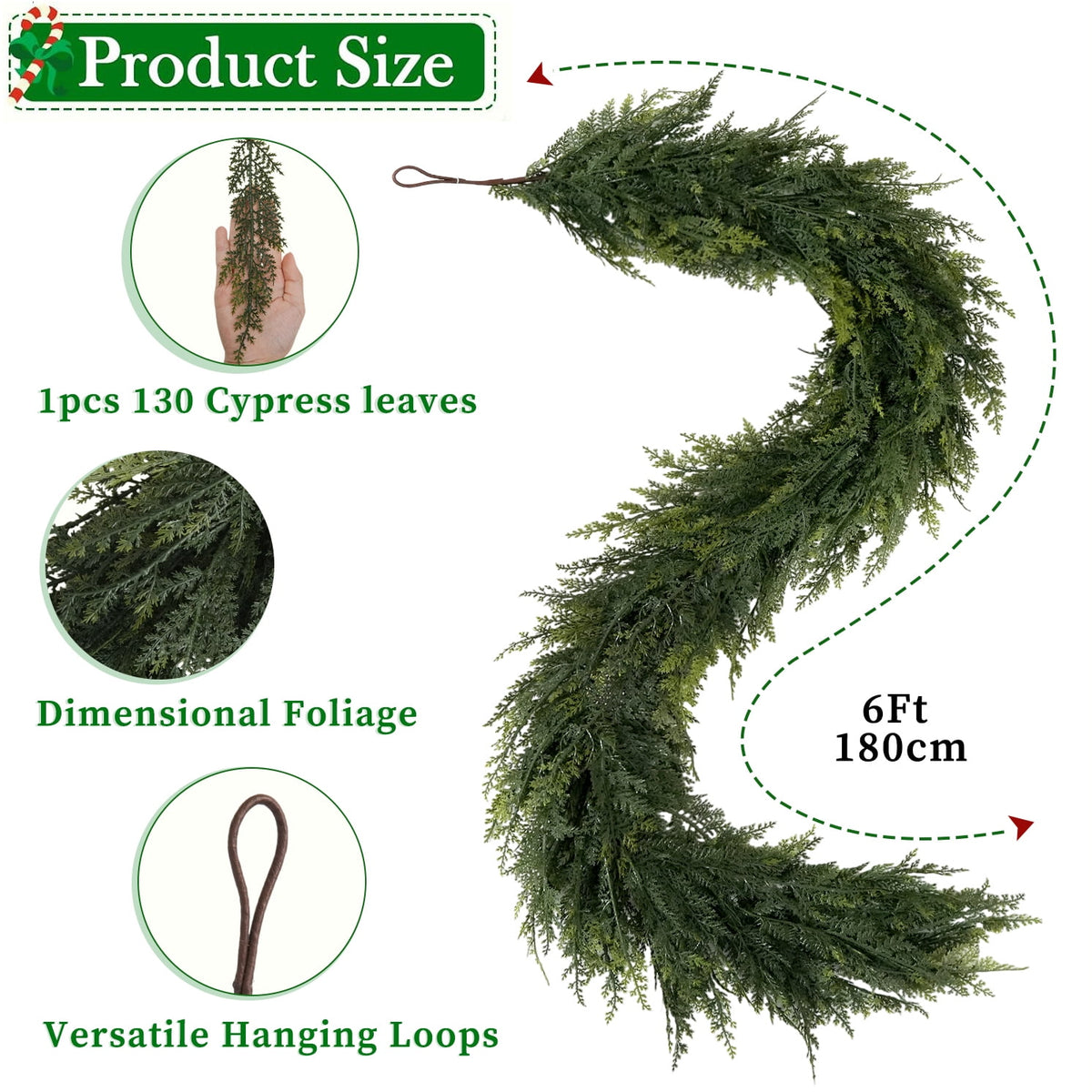 2 Pcs 6Ft Christmas Garland, Realistic Cedar Cypress Pine Greenery Garland Faux Christmas Decorations for Mantle, Fireplace, Table, Stairs, Doors, Porch, Indoor Outdoor Christmas Decor