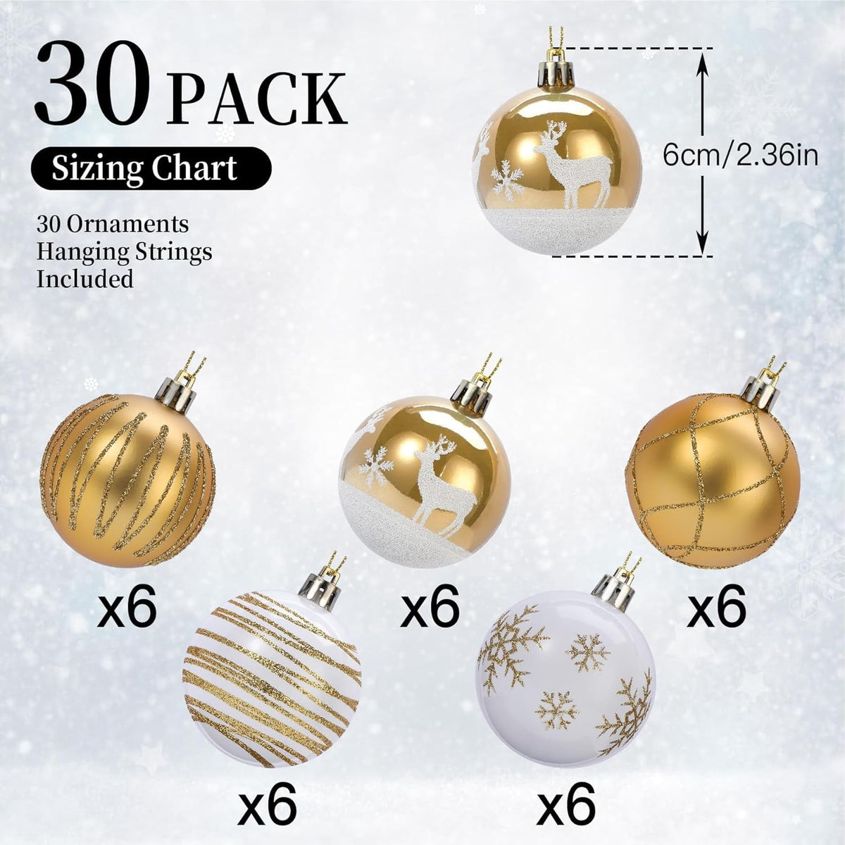 30ct Christmas Ball Ornaments, 2.36 in Shatterproof Xmas Tree Decorations, Plastic Baubles for Holiday, Party, Wedding, or Home Decor, Red & Gold