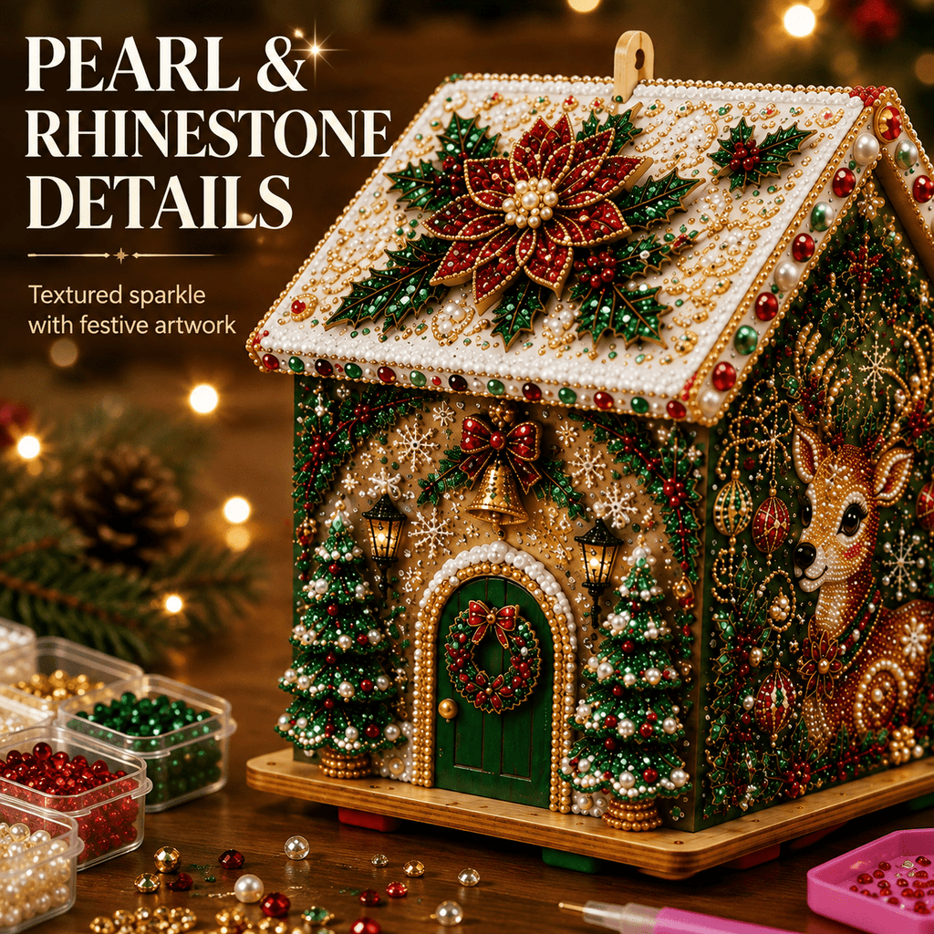 Christmas Pearl Bead Art Kit 3D House Ornament Craft Set For Christmas Tree Tabletop Mantel Shelf And Indoor Winter Holiday Decoration White