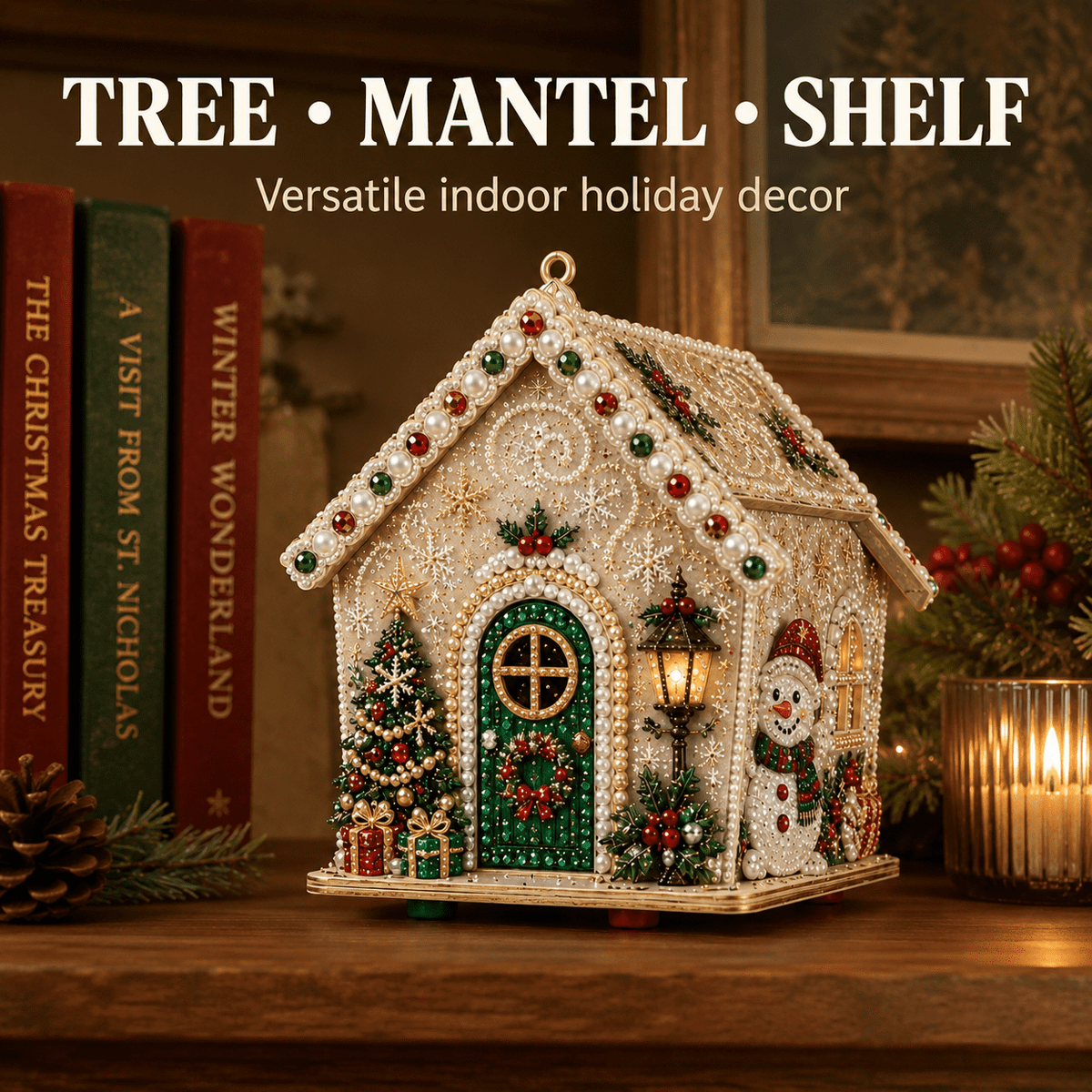 Christmas Pearl Bead Art Kit 3D House Ornament Craft Set For Christmas Tree Tabletop Mantel Shelf And Indoor Winter Holiday Decoration White