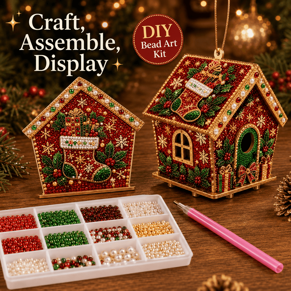 Christmas Pearl Bead Art Kit 3D House Ornament Craft Set For Christmas Tree Tabletop Mantel Shelf And Indoor Winter Holiday Decoration White