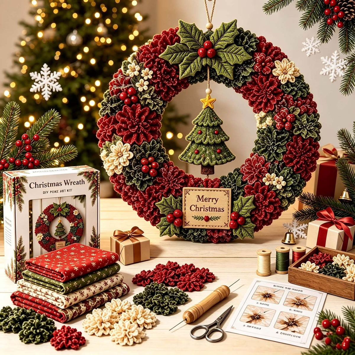 Clearance 3D Christmas Wreath Fabric Poke Art Kit, Jesus Poke Art Kits for Adults, Christmas Wreaths Ornament Making Kit for Front Door