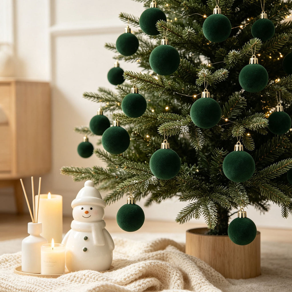 Christmas Ball Ornaments 42 Piece Flocked Gold Tan Velvet Assorted Box Set Tree Hanging Baubles