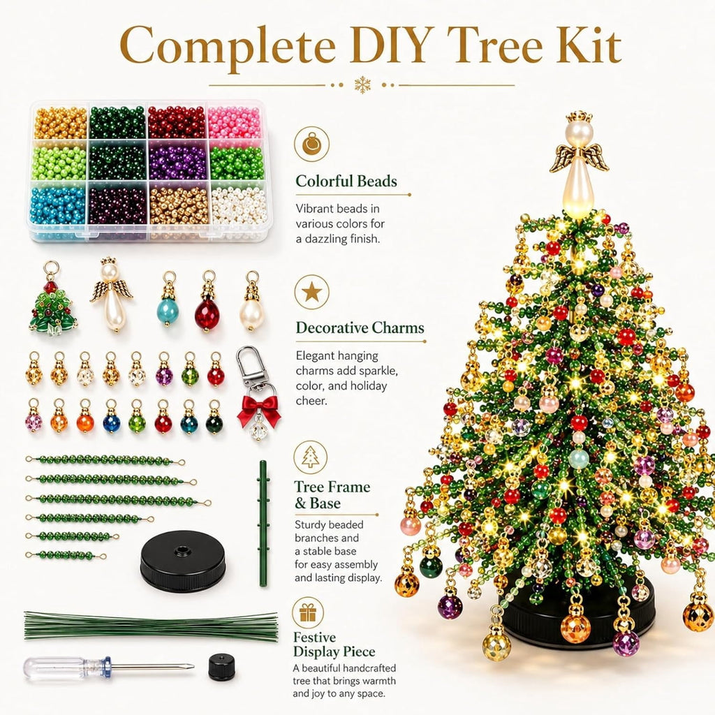 2026 New DIY Beaded Christmas Tree Kit, 3D Crystal Bead and Pearl Craft Set for Adults with Metal Frame, Sparkling Tabletop Christmas Decor, Holiday Gift