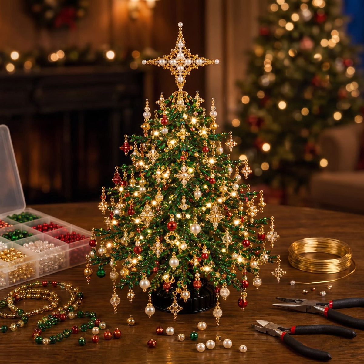 Clearance DIY Beaded Christmas Tree Kit, Crystal Holiday Craft Set for Adults, Colorful Beads, Ornament Charms, Metal Frame, Warm Glow Display, Tabletop Decor, Christmas Gift (Classic)