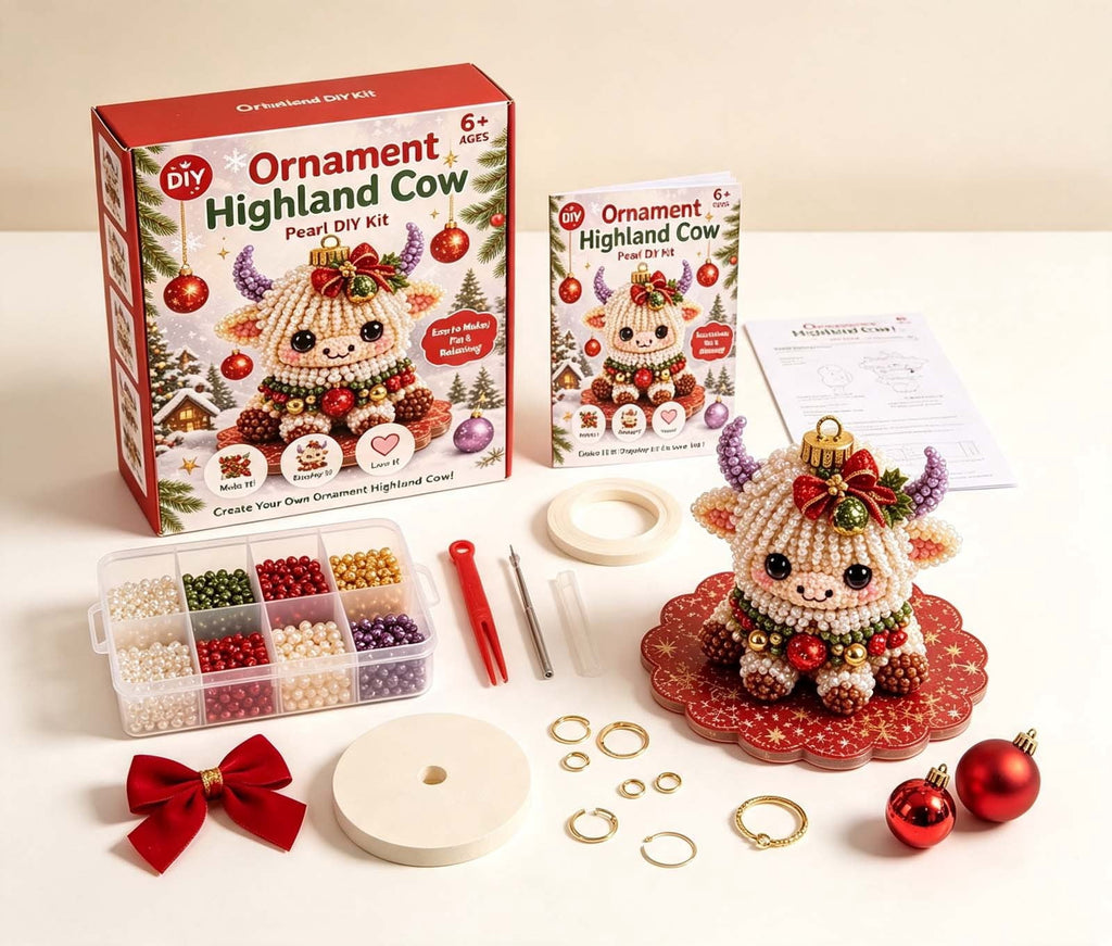 MYUNNIL Christmas Highland Cow 3D Pearl Bead Kit, Small Cute Beginner Friendly Complete Animal Themed Handcraft Set, Fun Whimsical Decorative Ornament for Home Decor & Holiday Gift, ( Xmas Tree )