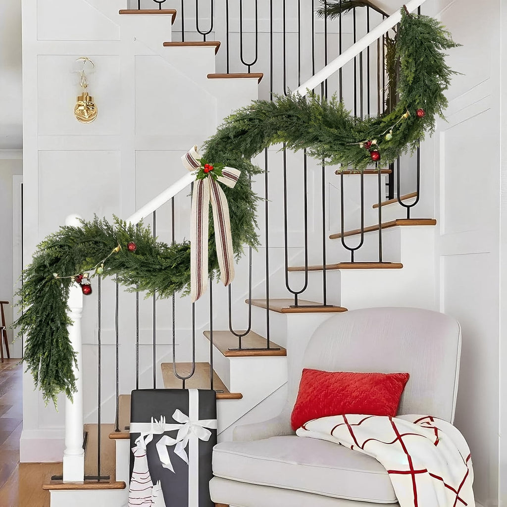 2 Pcs 6Ft Christmas Garland, Realistic Cedar Cypress Pine Greenery Garland Faux Christmas Decorations for Mantle, Fireplace, Table, Stairs, Doors, Porch, Indoor Outdoor Christmas Decor