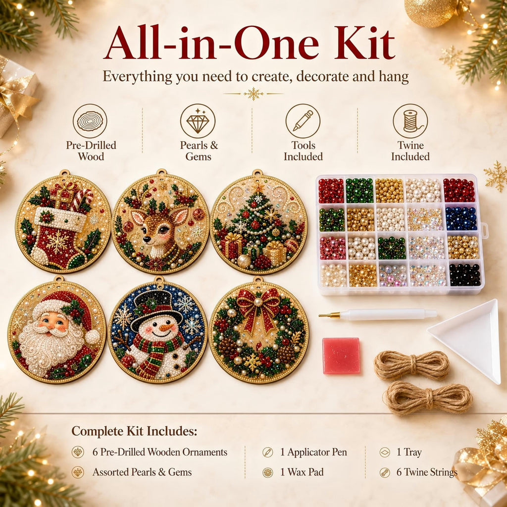 Clearance! 6Pcs Wooden Christmas Ornaments DIY Pearl Art Kits for Adults, Hanging Diamond Art Christmas Ornaments Set with Pearls, Special-Shaped Gems & Jute Twine, Christmas Decor Craft(#1)