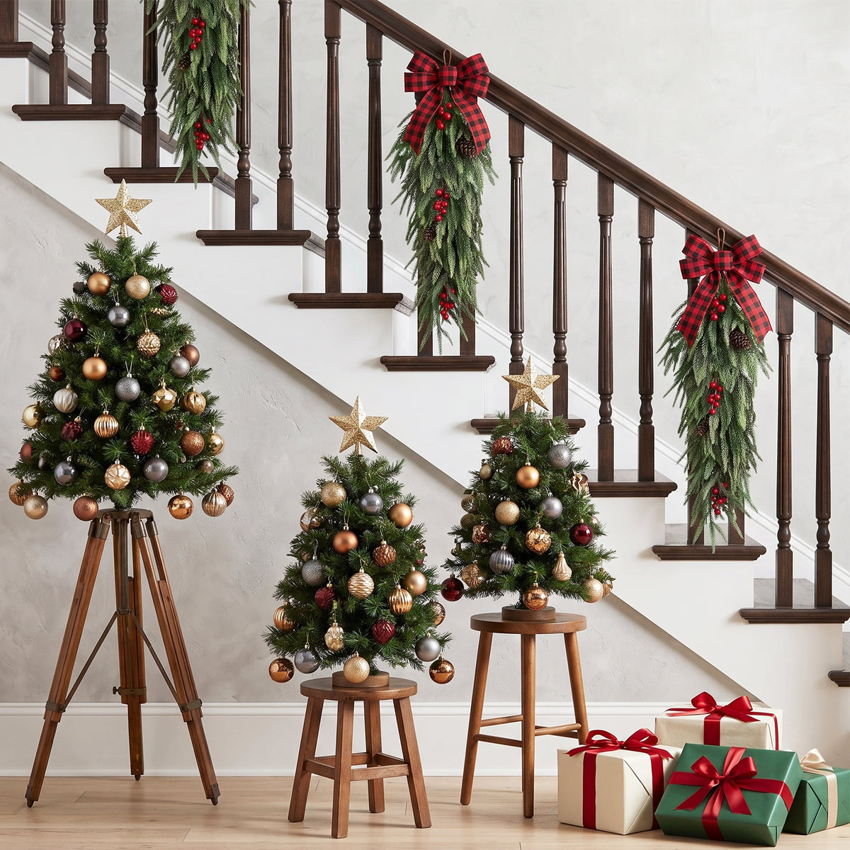 Leyaron Christmas Swags Decorations, 2 Pcs 30" Christmas Artificial Norfolk Pine Greenery Teardrop Wreath for Indoor Outdoor Table Mantle Fireplace Xmas Decor