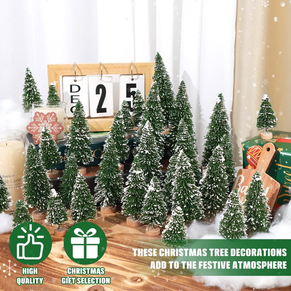 Ayieyill 30PCS Artificial Mini Christmas Trees, Upgrade Sisal Pine Trees with Wood Base Bottle Brush Trees for Christmas Table Top Decor(Green, Gold and Ivory)