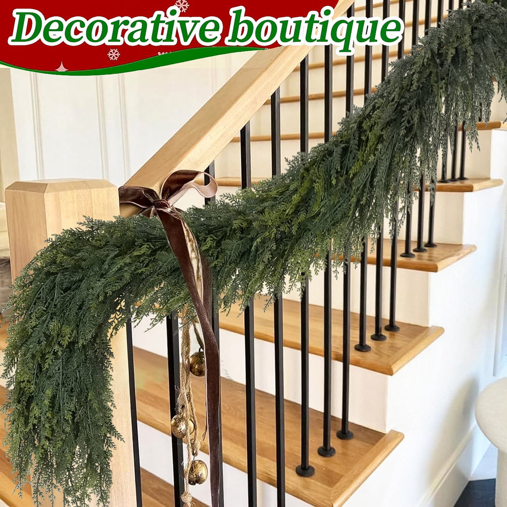 2 Pcs 6Ft Christmas Garland, Realistic Cedar Cypress Pine Greenery Garland Faux Christmas Decorations for Mantle, Fireplace, Table, Stairs, Doors, Porch, Indoor Outdoor Christmas Decor