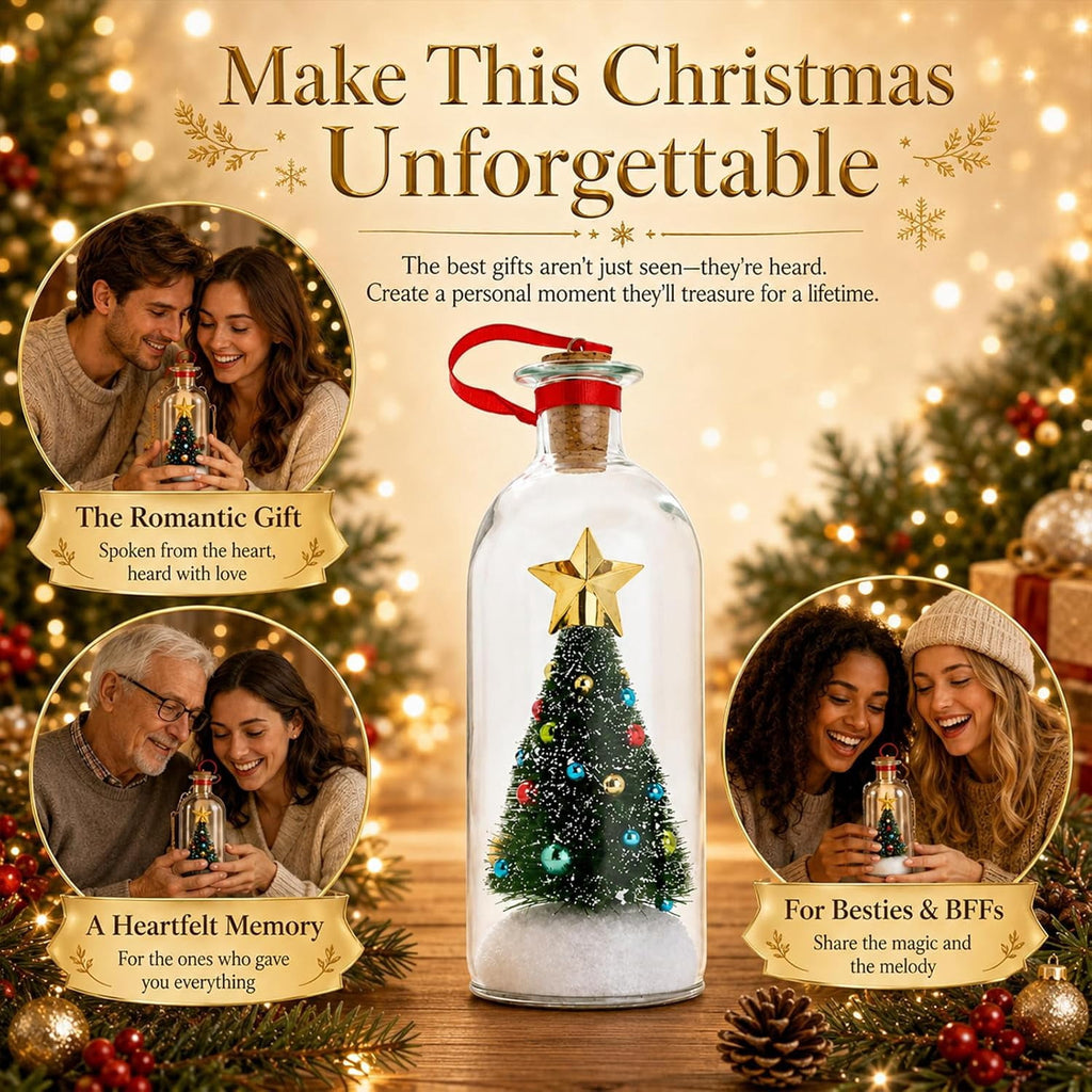 JASKFLY Recordable Christmas Tree Message in a Bottle, Voice Recording Holiday Keepsake with Playback, Snowy Scene, Glass, Green, 1 Count